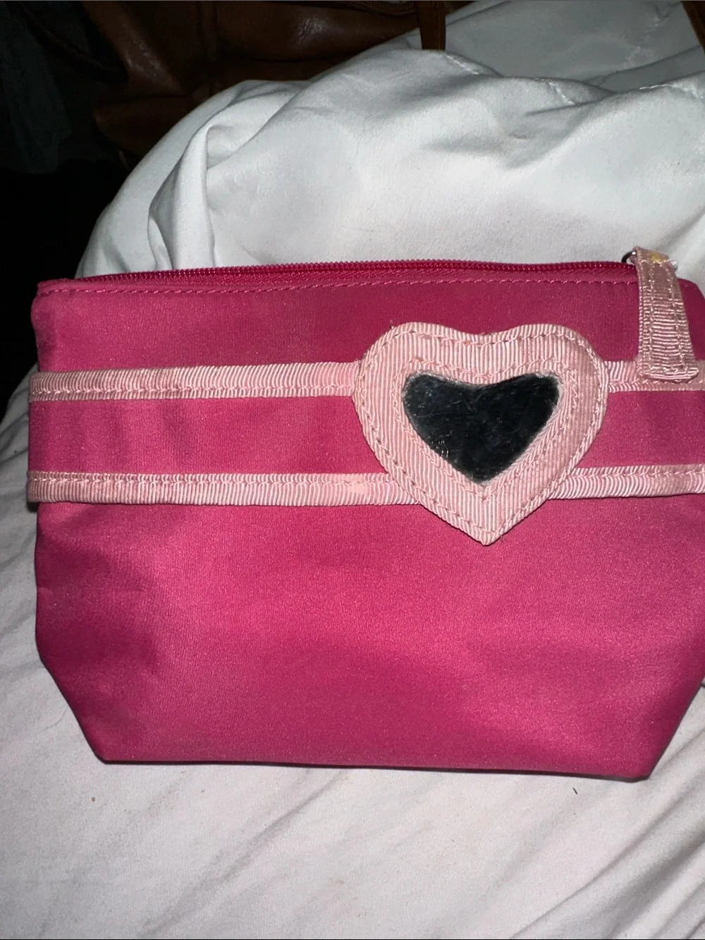 CC Boutique Fuchsia Cosmetic Pouch with Pale Pink Heart Trim and mirror like new
